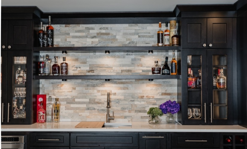 Modern Basement Transformation with Custom Bar and Workstation Sink Basement near Ann Arbor Michigan